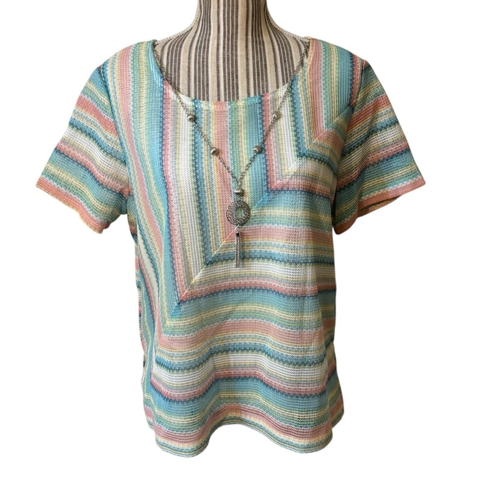 NEW Alfred Dunner Set - Top & Necklace Petite Large Pastel Striped Knit Blouse